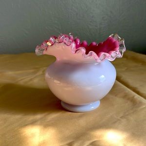 Vintage Fenton, pink chased white glass, rose vase
